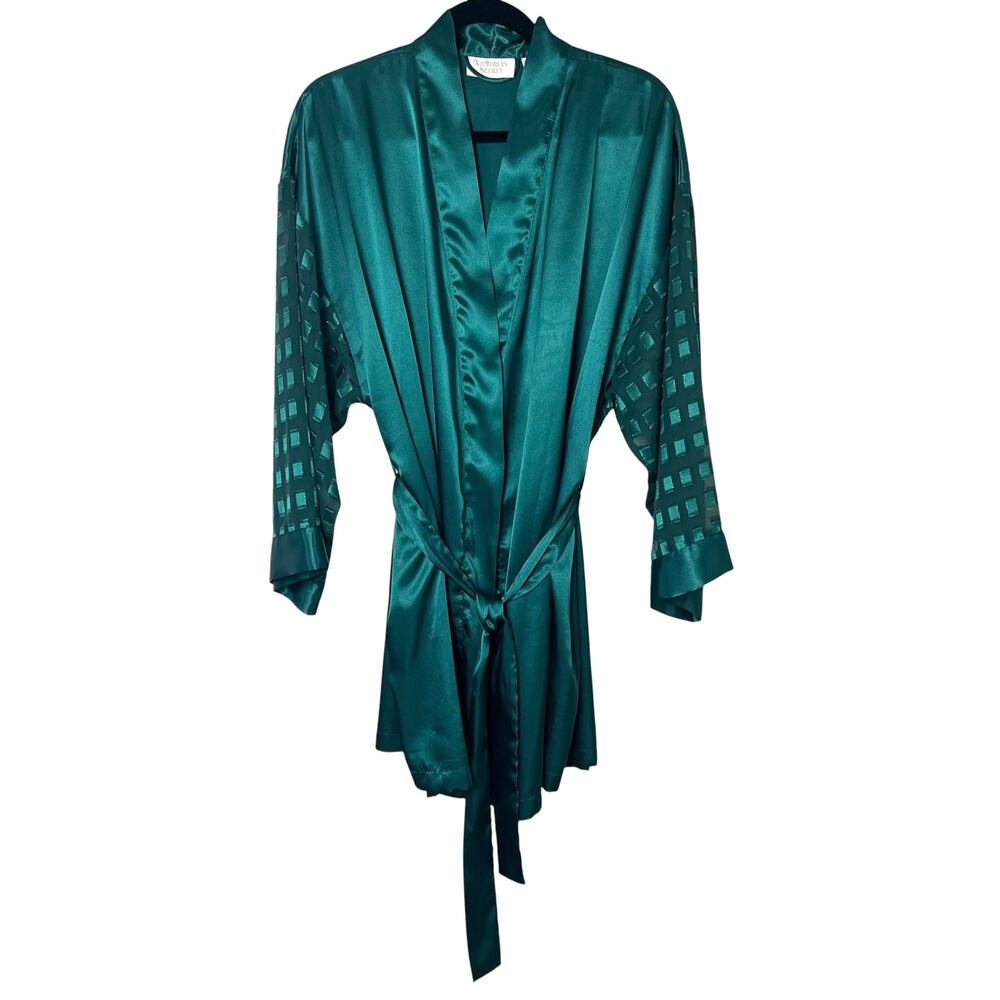 Vintage Victoria's Secret Gold Label Emerald Green Satin Robe Sheer Sleeves Med